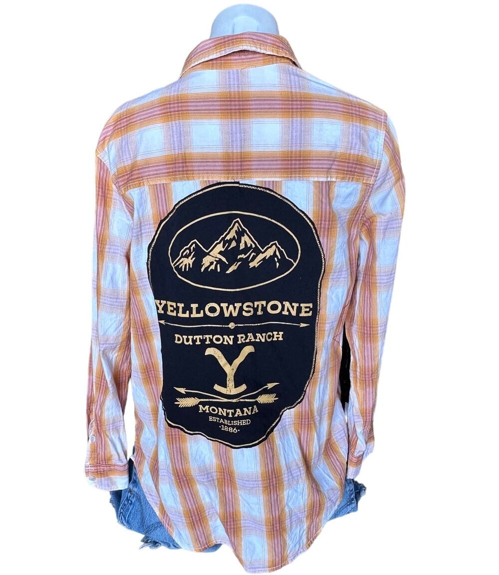 Yellowstone Dutton Ranch Plaid Western Shirt SMALL Oversize Upcycle Unique Gold